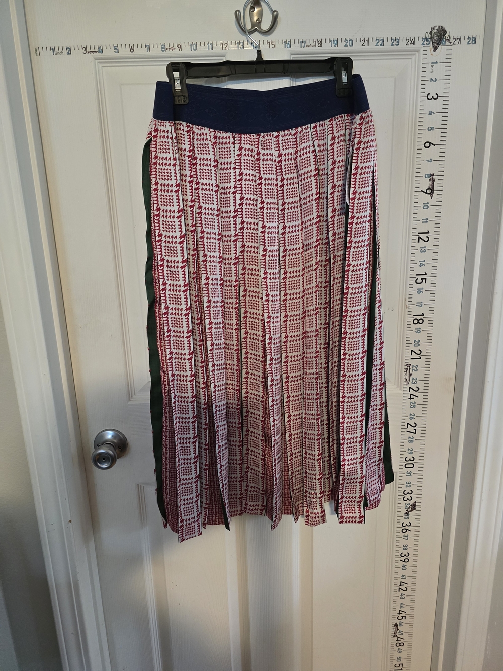 LuLaRoe Red and White Patterned Midi Skirt with Navy Waistband